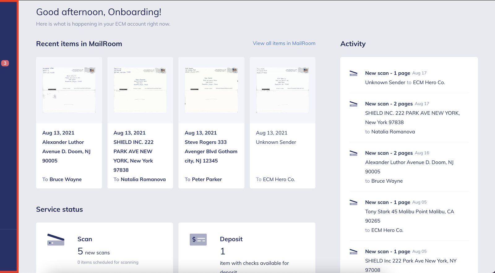 The Earth Class Mail customer dashboard