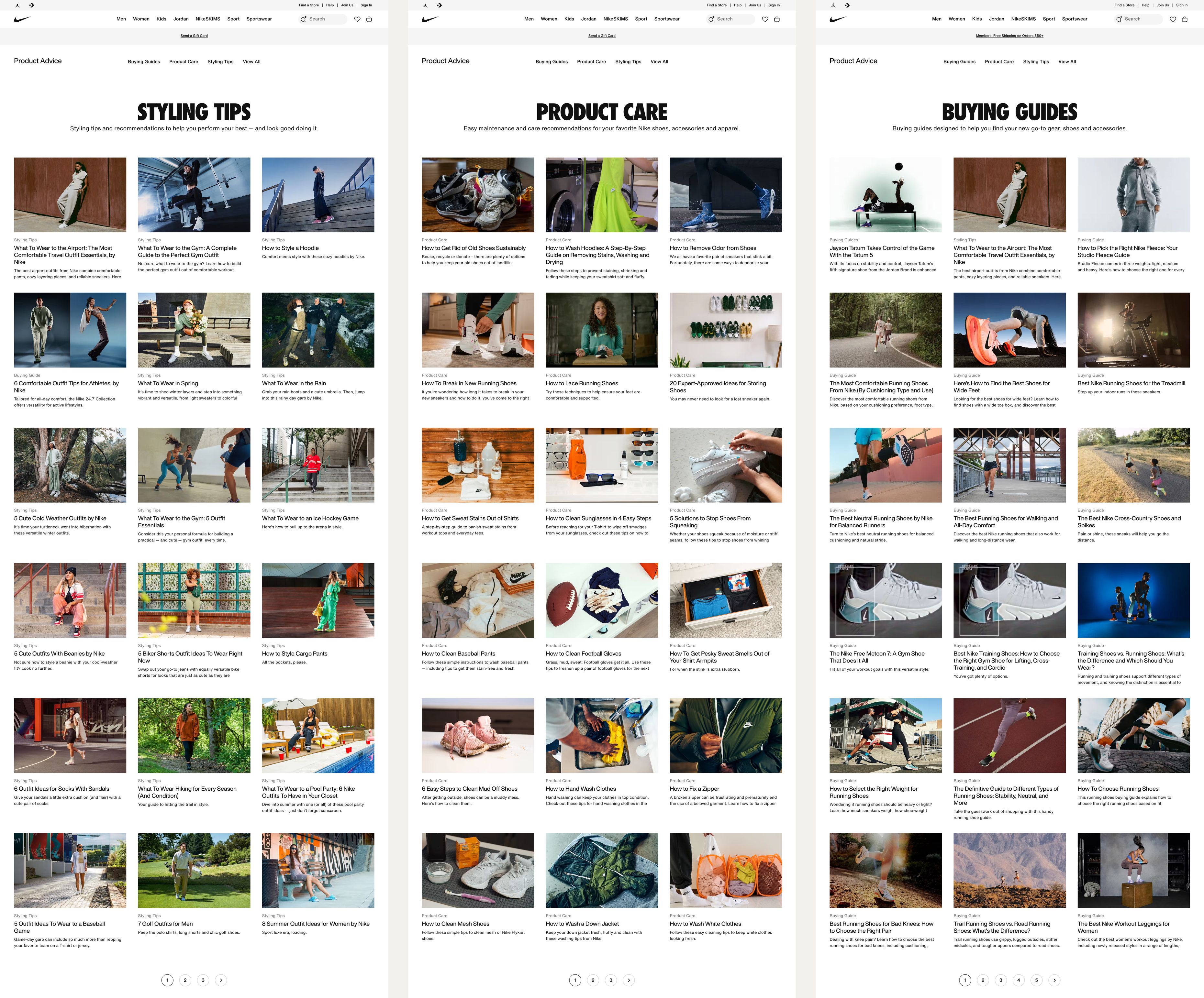 Nike.com Product Advice hubs for Styling Tips, Product Care and Buying Guides